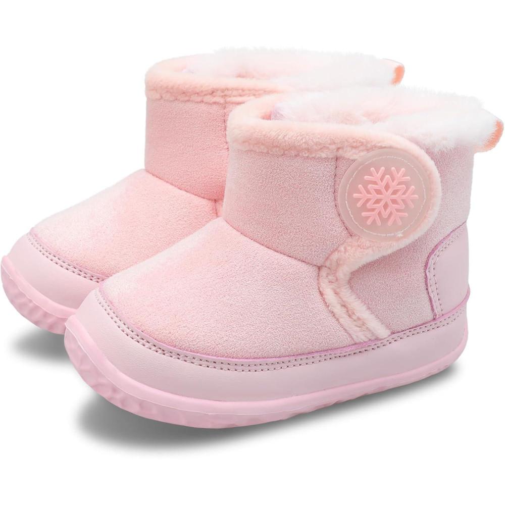 imageLRUN Baby Boots for Infant Toddler Boys Girls Ankle Warm Suede Plush Lining House Slippers Little Kids Winter Shoes for Indoor Outdoor WalkingPink