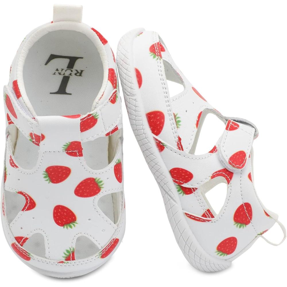imageLRUN Toddler Mary Jane Shoes Girls Casual Barefoot Sandals Breathable Princess Dress Flats NonSlip Rubber Sole Infant First Walker Shoes for Outdoor IndoorStrawberries