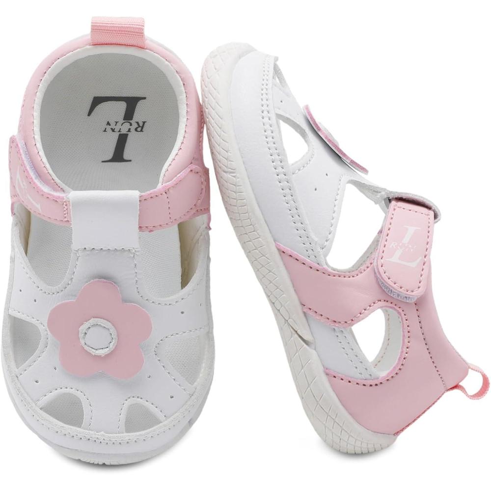 imageLRUN Toddler Mary Jane Shoes Girls Casual Barefoot Sandals Breathable Princess Dress Flats NonSlip Rubber Sole Infant First Walker Shoes for Outdoor IndoorWhite Pink