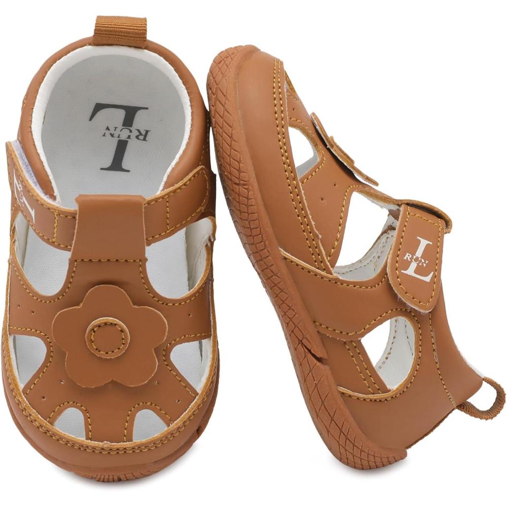 imageLRUN Toddler Mary Jane Shoes Girls Casual Barefoot Sandals Breathable Princess Dress Flats NonSlip Rubber Sole Infant First Walker Shoes for Outdoor IndoorBrown