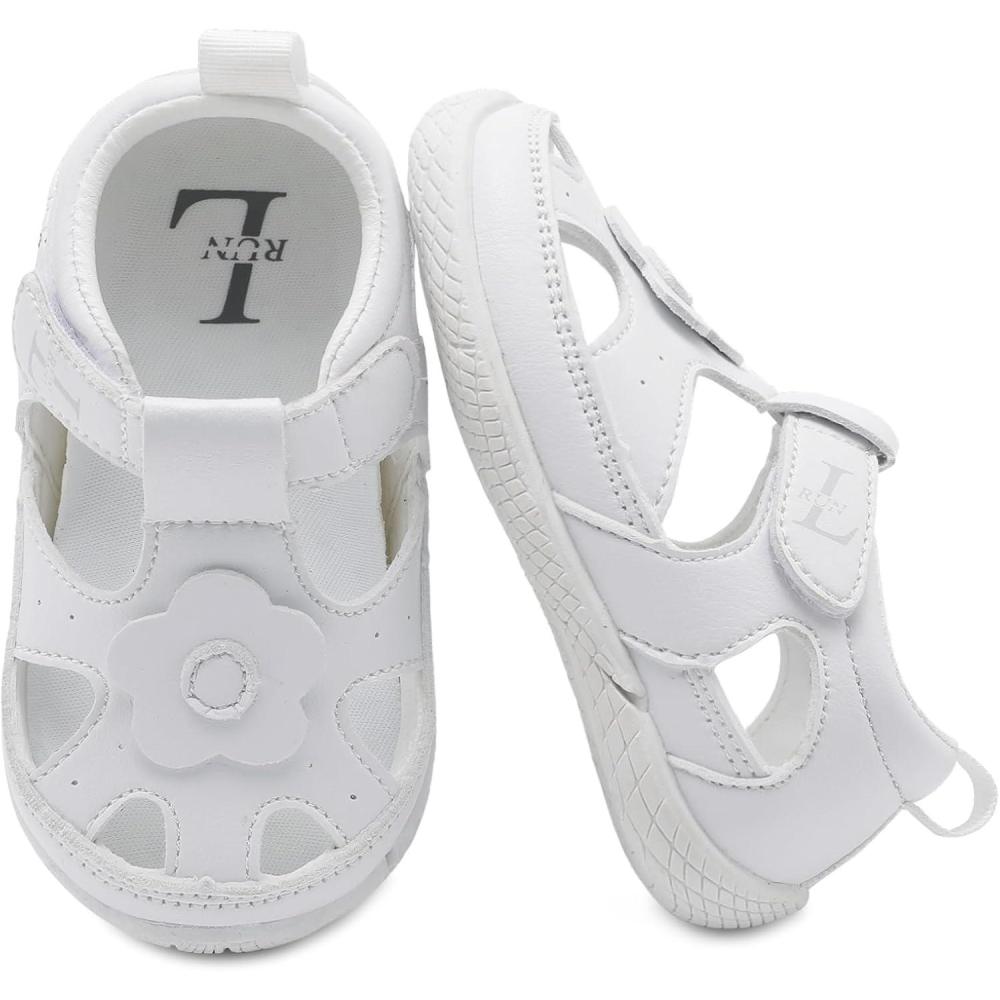 imageLRUN Toddler Mary Jane Shoes Girls Casual Barefoot Sandals Breathable Princess Dress Flats NonSlip Rubber Sole Infant First Walker Shoes for Outdoor IndoorWhite