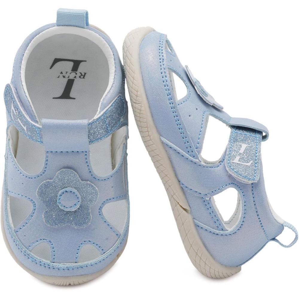 imageLRUN Toddler Mary Jane Shoes Girls Casual Barefoot Sandals Breathable Princess Dress Flats NonSlip Rubber Sole Infant First Walker Shoes for Outdoor IndoorBlue