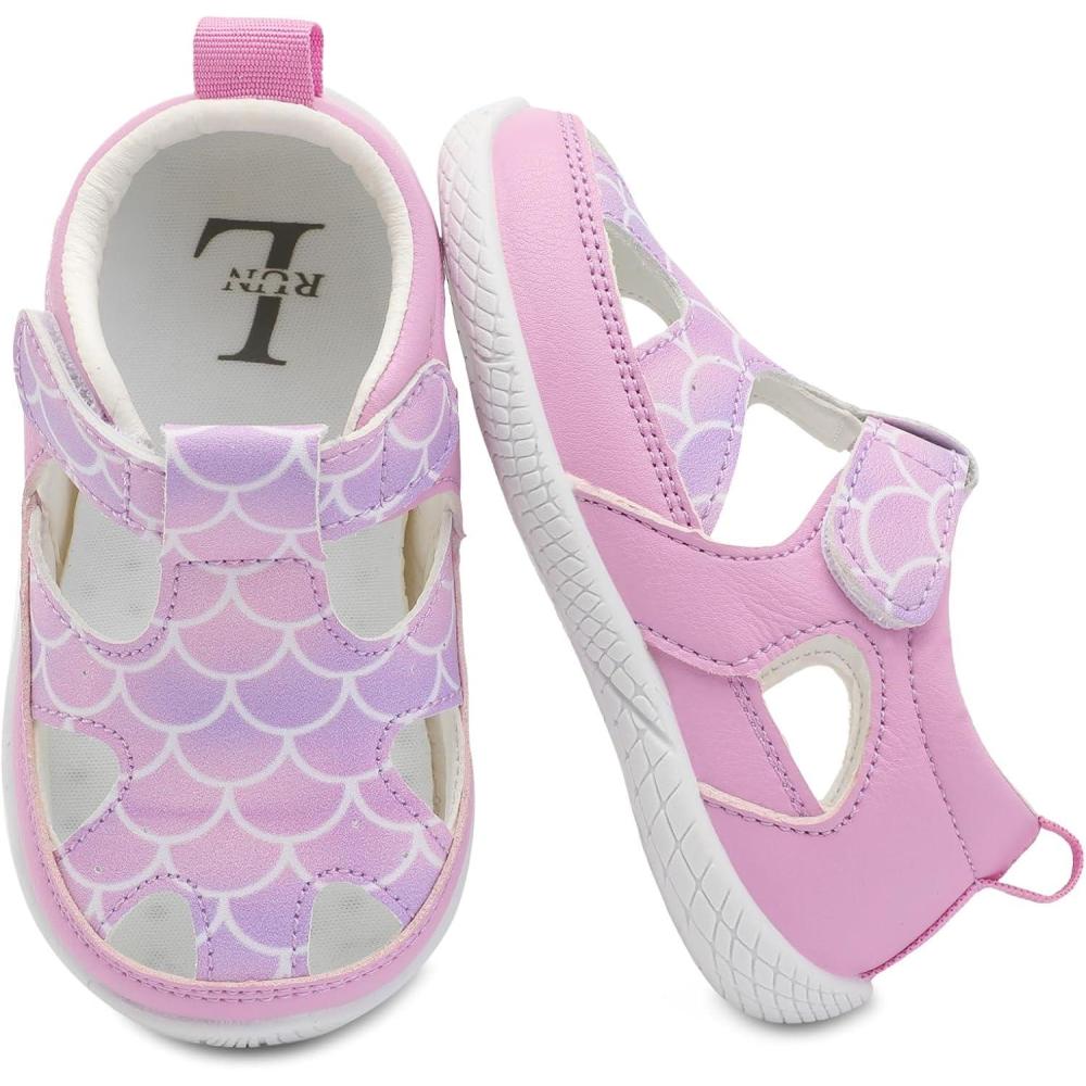 imageLRUN Toddler Mary Jane Shoes Girls Casual Barefoot Sandals Breathable Princess Dress Flats NonSlip Rubber Sole Infant First Walker Shoes for Outdoor IndoorPurple