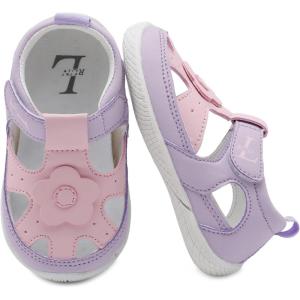 L-RUN Toddler Mary Jane Shoes Girls Casual Barefoot Sandals Breathable Princess Dress Flats Non-Slip Rubber Sole Infant First Walker Shoes for Outdoor Indoor(Pink Purple)