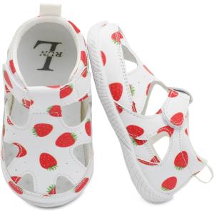 L-RUN Toddler Mary Jane Shoes Girls Casual Barefoot Sandals Breathable Princess Dress Flats Non-Slip Rubber Sole Infant First Walker Shoes for Outdoor Indoor(Strawberries)
