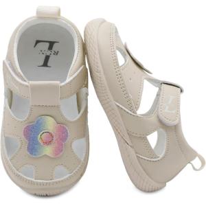 L-RUN Toddler Mary Jane Shoes Girls Casual Barefoot Sandals Breathable Princess Dress Flats Non-Slip Rubber Sole Infant First Walker Shoes for Outdoor Indoor(Beige)
