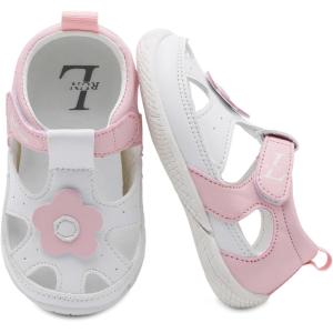 L-RUN Toddler Mary Jane Shoes Girls Casual Barefoot Sandals Breathable Princess Dress Flats Non-Slip Rubber Sole Infant First Walker Shoes for Outdoor Indoor(White Pink)