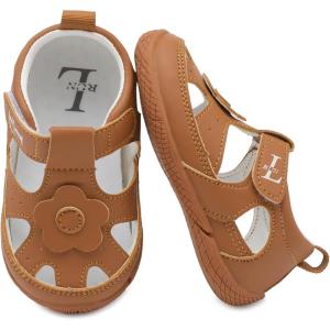 L-RUN Toddler Mary Jane Shoes Girls Casual Barefoot Sandals Breathable Princess Dress Flats Non-Slip Rubber Sole Infant First Walker Shoes for Outdoor Indoor(Brown)