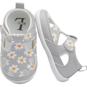 L-RUN Toddler Mary Jane Shoes Girls Casual Barefoot Sandals Breathable Princess Dress Flats Non-Slip Rubber Sole Infant First Walker Shoes for Outdoor Indoor(Flower)