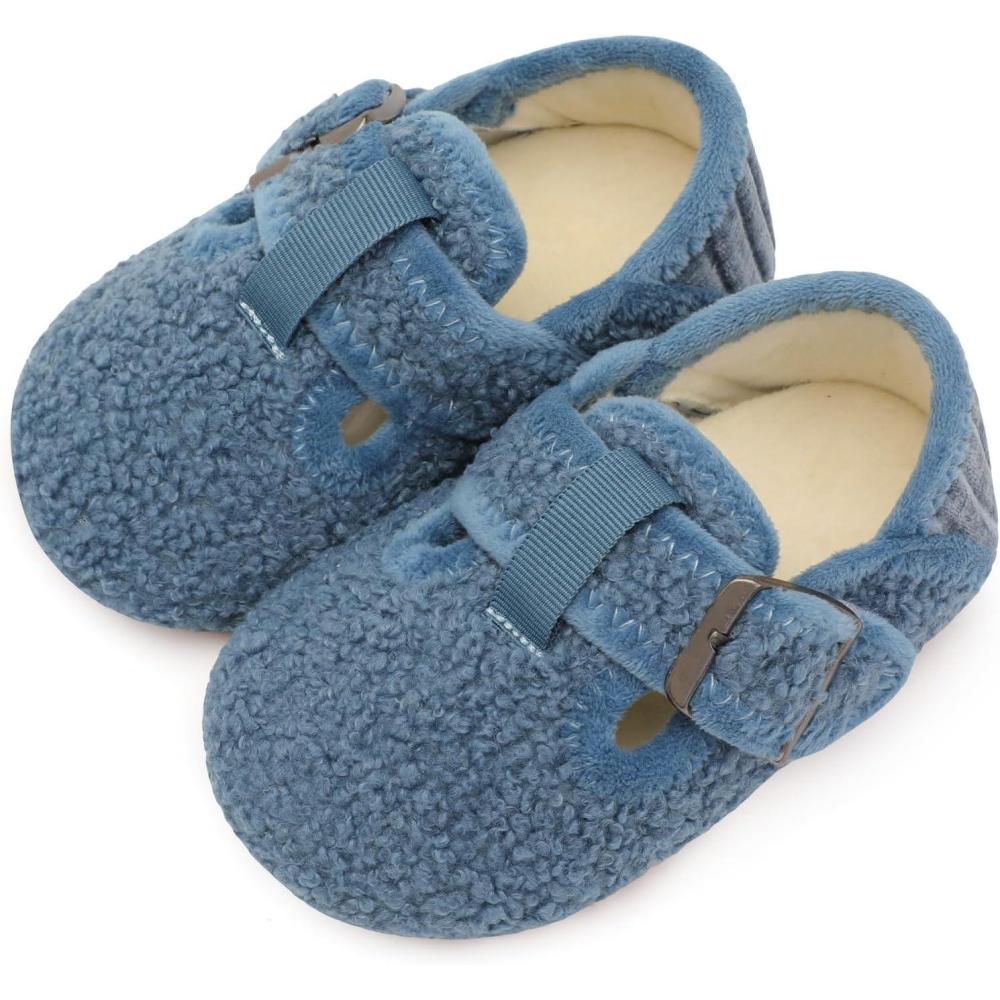 imageLRUN Cozy Toddler Slippers Nonslip Boys Girls House Slippers Wide Kids Winter Shoes Warm Adjustable Strap Home ShoesBlue