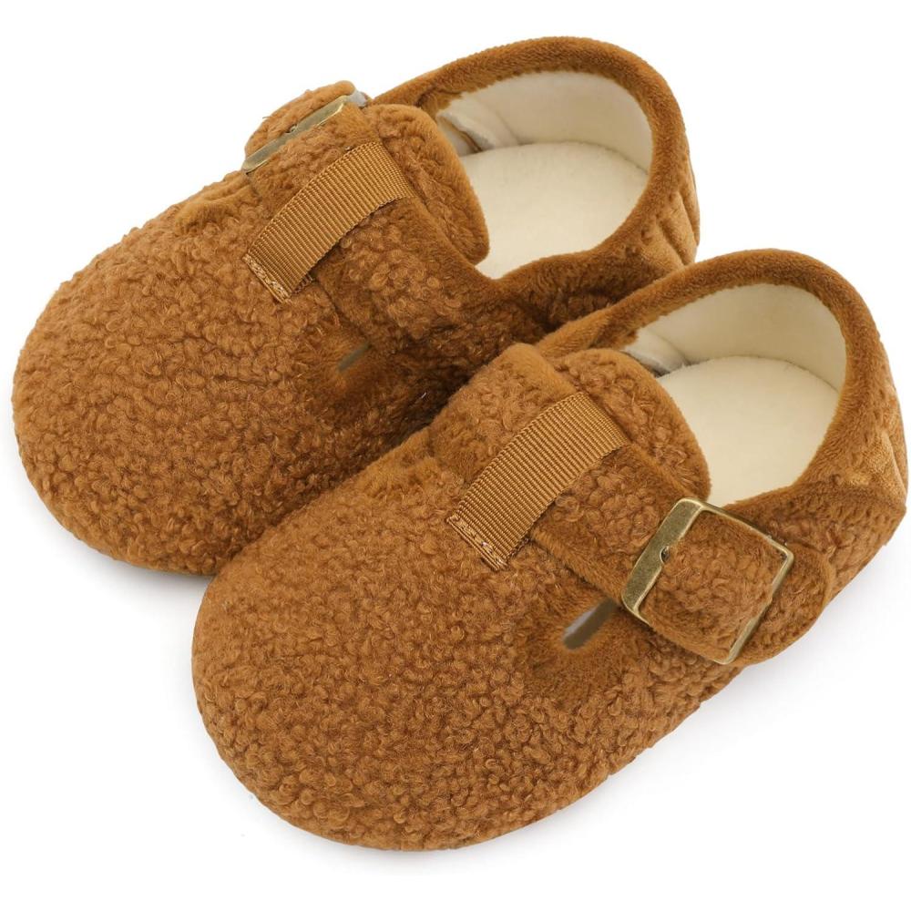 imageLRUN Cozy Toddler Slippers Nonslip Boys Girls House Slippers Wide Kids Winter Shoes Warm Adjustable Strap Home ShoesBrown