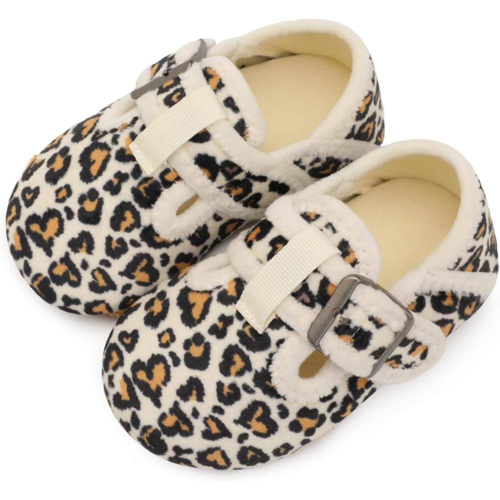 imageLRUN Cozy Toddler Slippers Nonslip Boys Girls House Slippers Wide Kids Winter Shoes Warm Adjustable Strap Home ShoesLeopard
