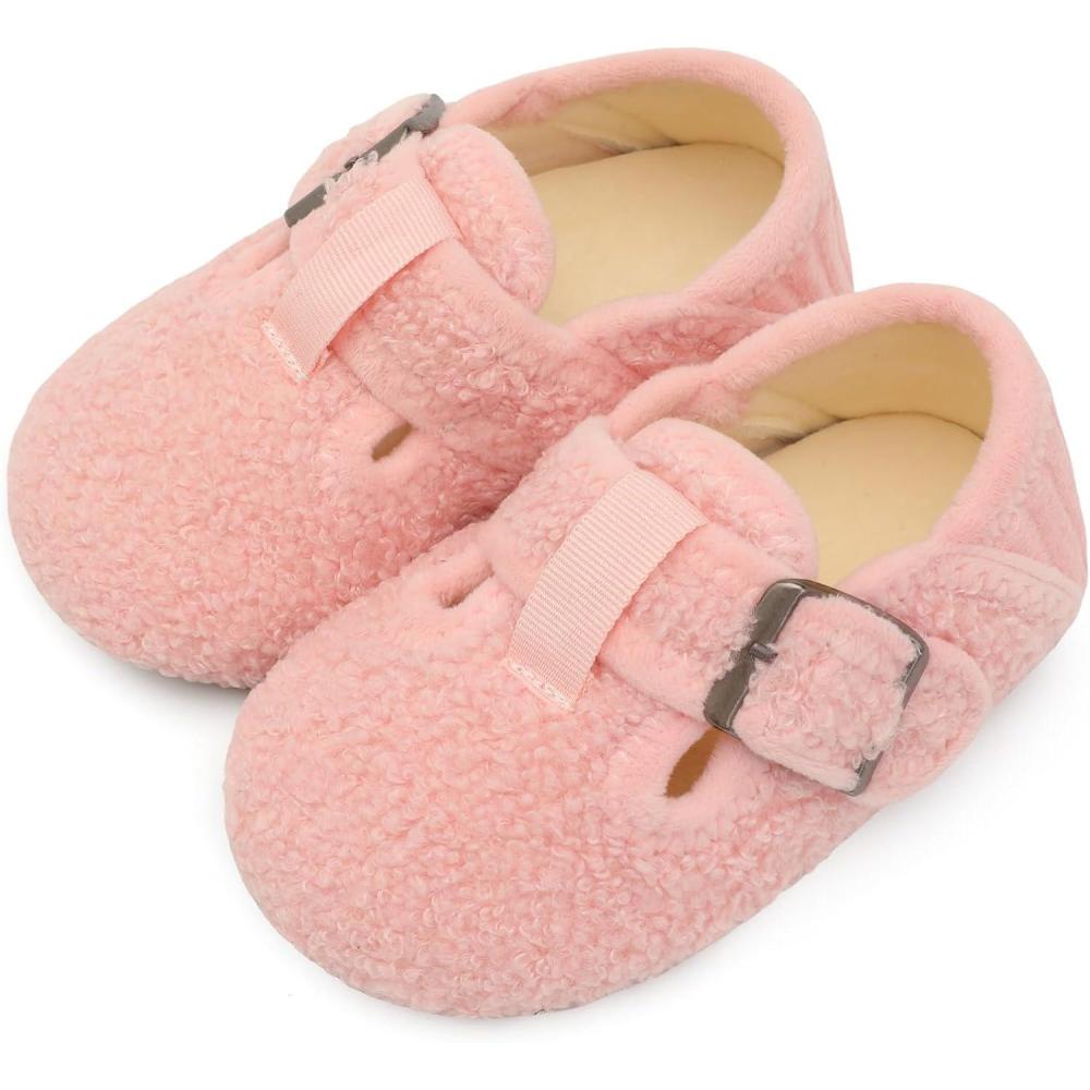 imageLRUN Cozy Toddler Slippers Nonslip Boys Girls House Slippers Wide Kids Winter Shoes Warm Adjustable Strap Home ShoesPink