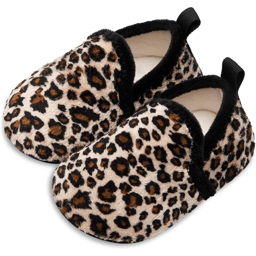 imageLRUN Toddler Boys Girls House Slippers Indoor Home Shoes Warm Slipper Socks for Kids Baby Soft Winter Warm Walking ShoesAleopard