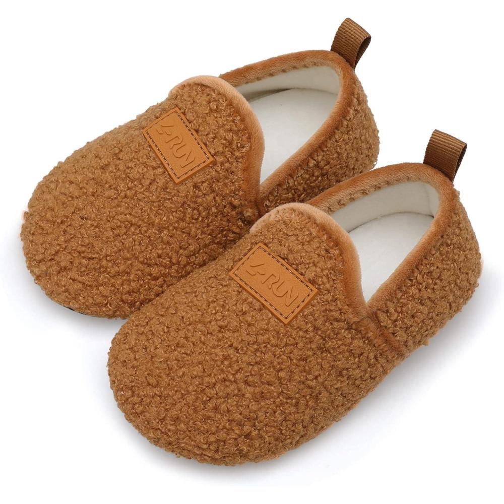 imageLRUN Toddler Boys Girls House Slippers Indoor Home Shoes Warm Slipper Socks for Kids Baby Soft Winter Warm Walking ShoesBrown Curls