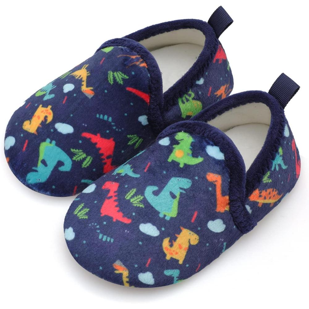 imageLRUN Toddler Boys Girls House Slippers Indoor Home Shoes Warm Slipper Socks for Kids Baby Soft Winter Warm Walking ShoesDark Blue Dinosaur