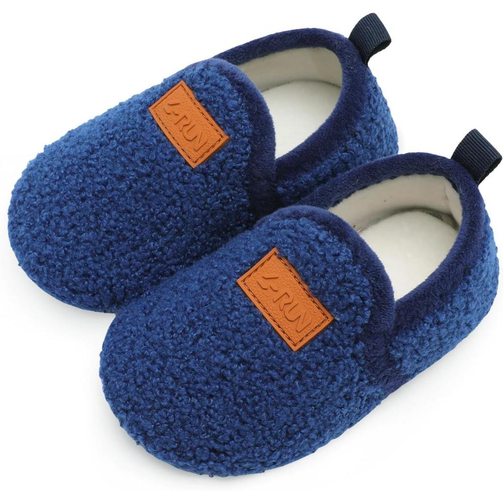 imageLRUN Toddler Boys Girls House Slippers Indoor Home Shoes Warm Slipper Socks for Kids Baby Soft Winter Warm Walking ShoesNavy Curls