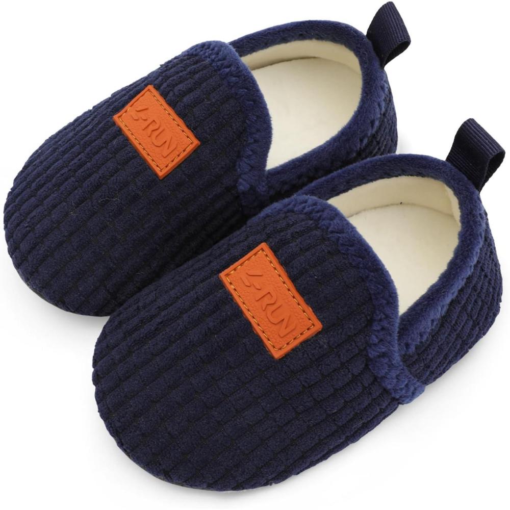 imageLRUN Toddler Boys Girls House Slippers Indoor Home Shoes Warm Slipper Socks for Kids Baby Soft Winter Warm Walking ShoesPlaid Navy