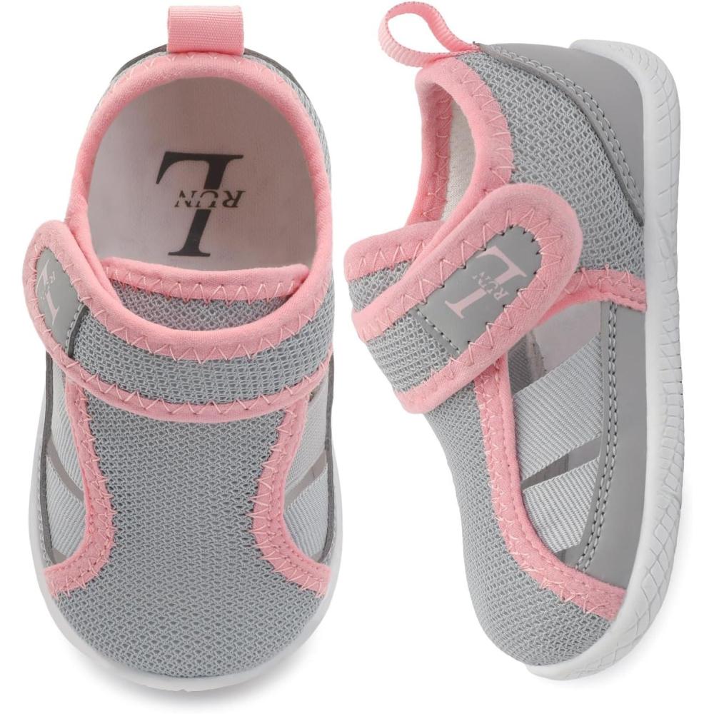 imageLRUN Toddler Shoes Barefoot Kids Sneakers Wide Minimalist Boys Girls Summer Footwear for Indoor Outdoor Walking RunningGrey Pink