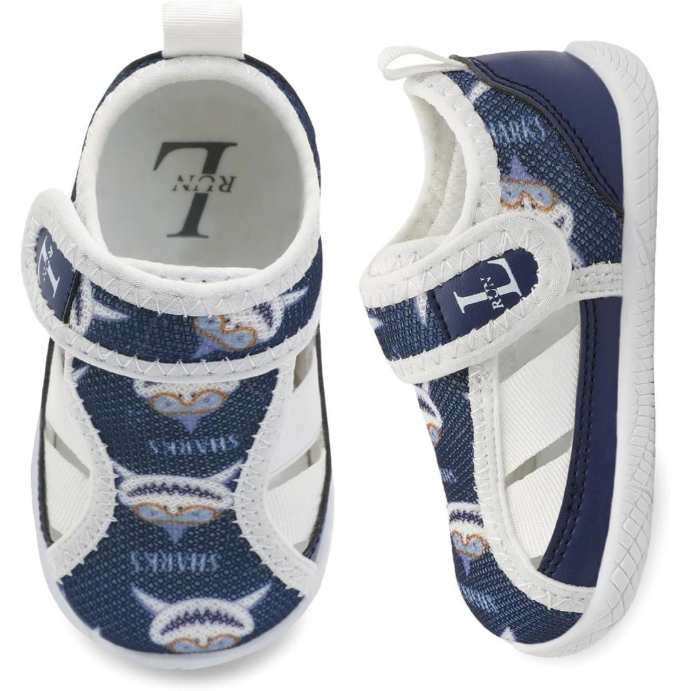 imageLRUN Toddler Shoes Barefoot Kids Sneakers Wide Minimalist Boys Girls Summer Footwear for Indoor Outdoor Walking RunningNavy Shark