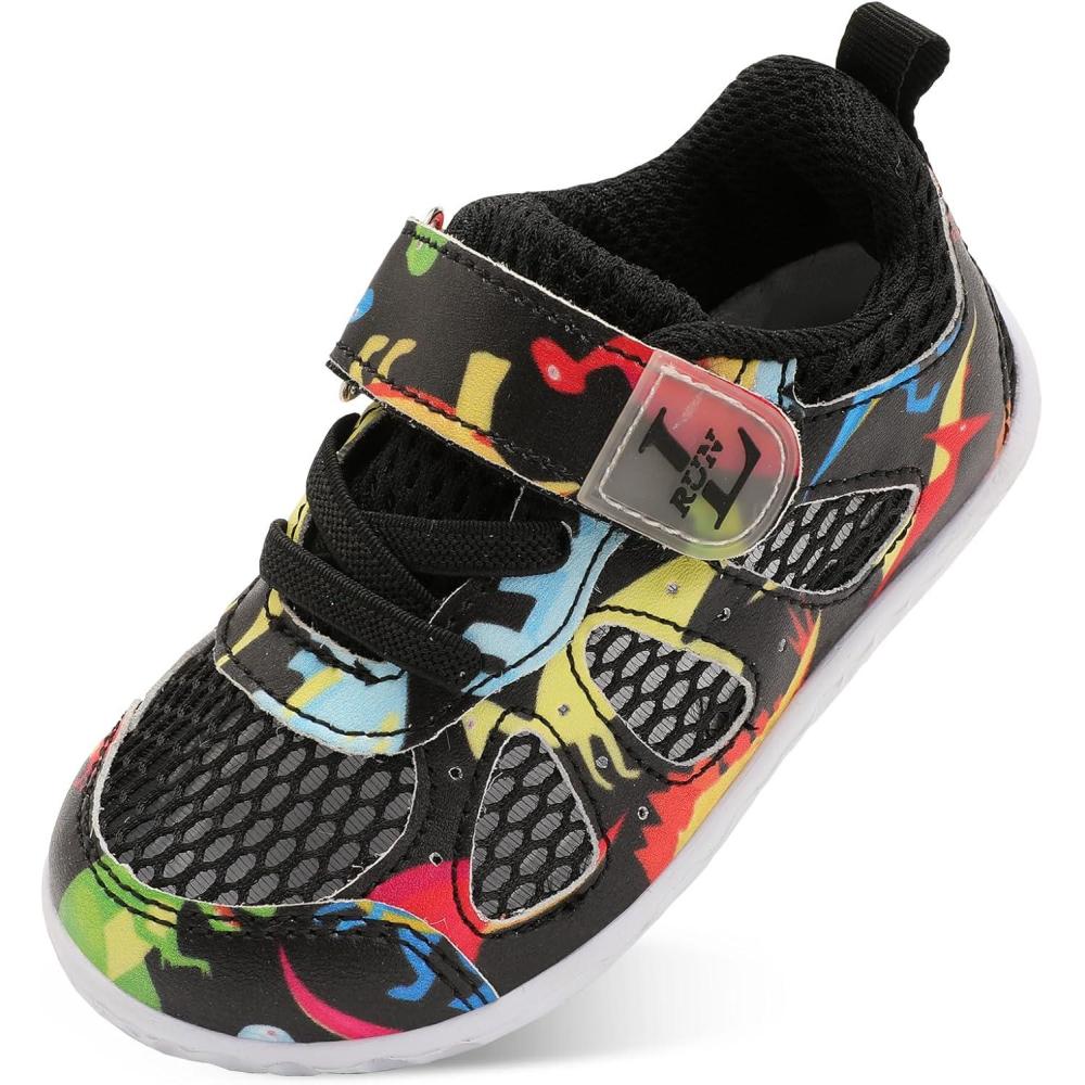 imageLRUN Toddler Sneakers Boys Girls Barefoot Summer Walking Shoes Toddler Boy Tennis Shoes Mesh LightweightBlack Dinosaur