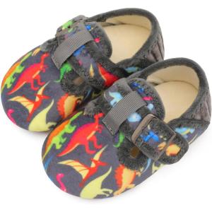 L-RUN Cozy Toddler Slippers Non-slip Boys Girls House Slippers Wide Kids Winter Shoes Warm Adjustable Strap Home Shoes(Grey Dinosaur)