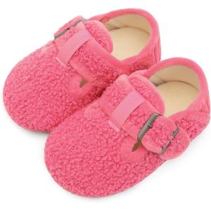 L-RUN Cozy Toddler Slippers Non-slip Boys Girls House Slippers Wide Kids Winter Shoes Warm Adjustable Strap Home Shoes(Rose Red)
