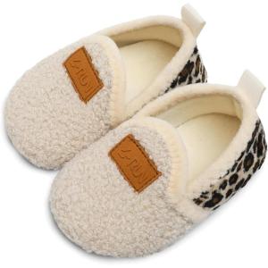 L-RUN Toddler Boys Girls House Slippers Indoor Home Shoes Warm Slipper Socks for Kids Baby Soft Winter Warm Walking Shoes(A_beige Leopard)