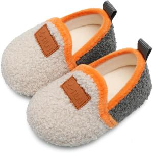 L-RUN Toddler Boys Girls House Slippers Indoor Home Shoes Warm Slipper Socks for Kids Baby Soft Winter Warm Walking Shoes(Beige O)