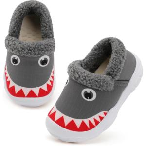 L-RUN Toddler Slippers Boys Girls Winter Warm Shoes Soft-Soled Plush-Lined Slip-on Kids Winter Footwear Wide House Shoes(Grey Shark)