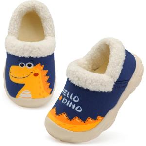 L-RUN Toddler Slippers Boys Girls Winter Warm Shoes Soft-Soled Plush-Lined Slip-on Kids Winter Footwear Wide House Shoes(Navy)