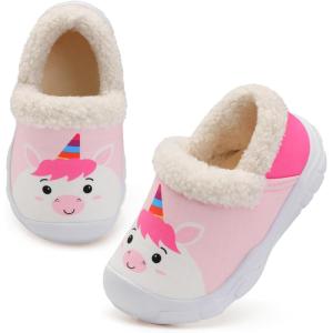 L-RUN Toddler Slippers Boys Girls Winter Warm Shoes Soft-Soled Plush-Lined Slip-on Kids Winter Footwear Wide House Shoes(Pink Horse)