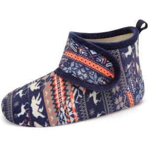 L-RUN Womens Mens House Slippers Non-Slip Warm Booties Slippers for Indoor and Outdoor Lighweight House Shoes Washable(Navy Deers)