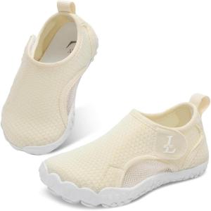 Kids Water Shoes Quick Dry Aqua Socks Breathable Mesh with Hook & Loop Non-Slip Sole for Boys Girls Beach Swim Pool Lake(Beige)