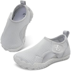 Kids Water Shoes Quick Dry Aqua Socks Breathable Mesh with Hook & Loop Non-Slip Sole for Boys Girls Beach Swim Pool Lake(Light Grey)