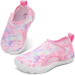Kids Water Shoes Quick Dry Aqua Socks Breathable Mesh with Hook & Loop Non-Slip Sole for Boys Girls Beach Swim Pool Lake(Pink Purple)