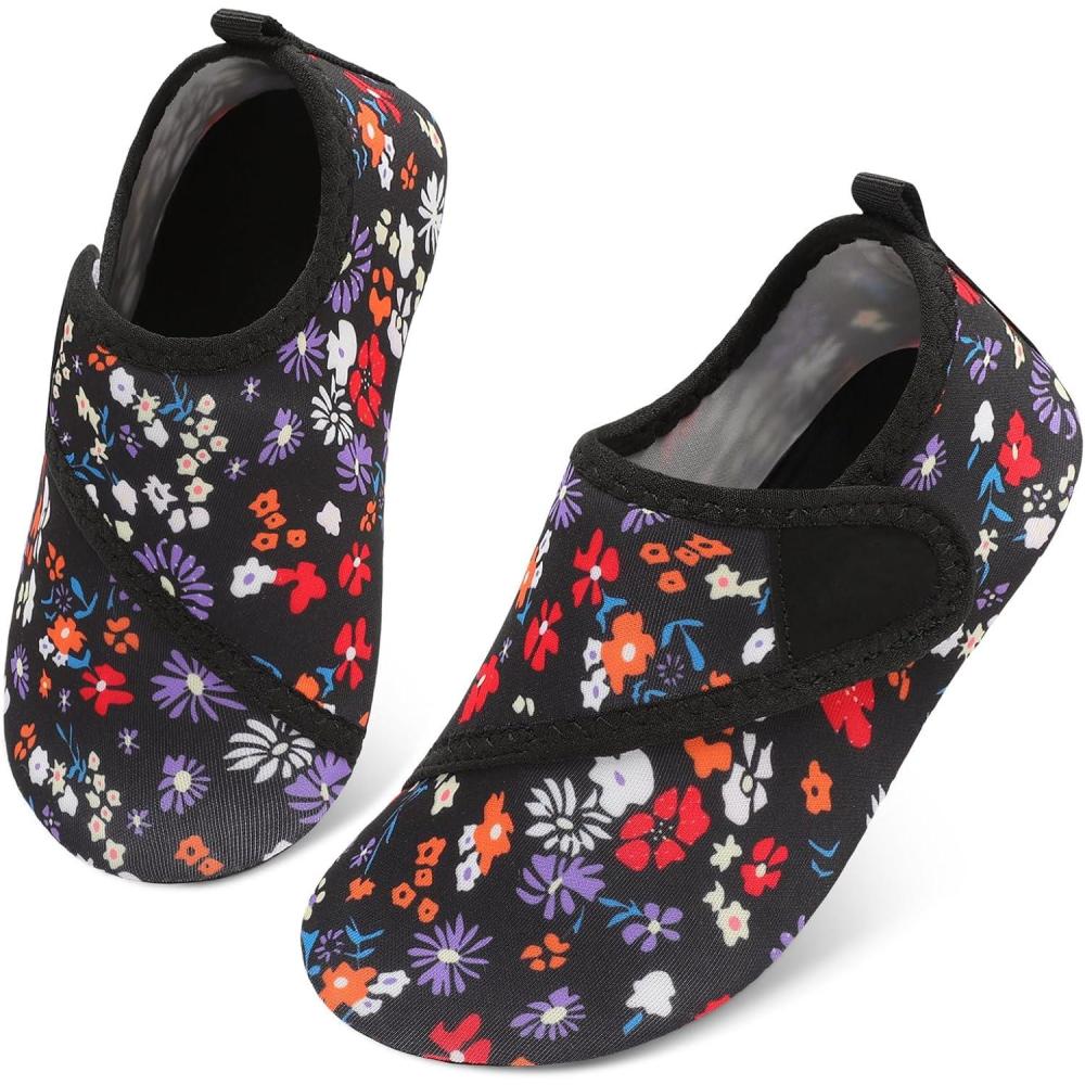 image:imageLRUN Toddler Water Shoes Quick Dry Kids Swim Shoes Barefoot Boys Girls Aqua Socks for Beach Pool Surfing Yoga NonSlipBlack Flowers