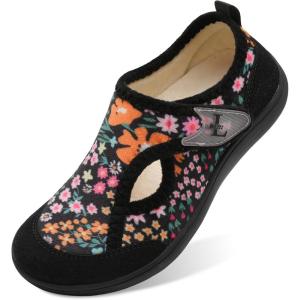 L-RUN Womens Slippers Wide Toe Box Barefoot Diabetic Shoes Women Ladies Winter House Shoes for Indoor and Outdoor(Black Floral)