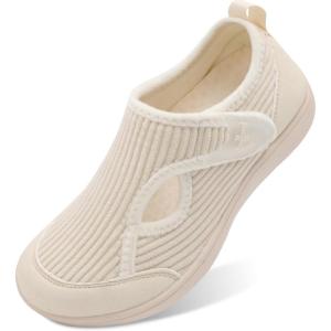 L-RUN Womens Slippers Wide Toe Box Barefoot Diabetic Shoes Women Ladies Winter House Shoes for Indoor and Outdoor(Ivory Corduroy)