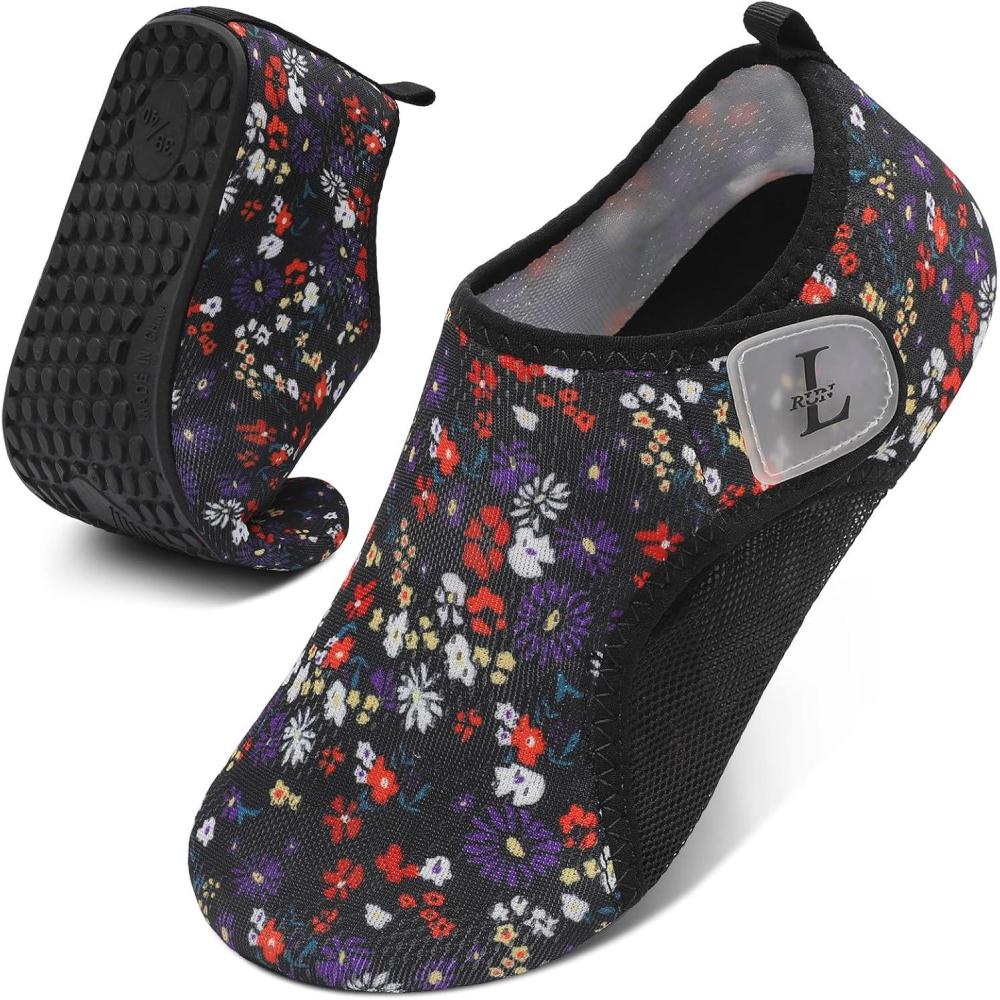 image:imageLRUN Water Shoes for Men Women QuickDry Aqua Socks Barefoot Water Sneakers for Beach Swimming Surf YogaBlack Flowers
