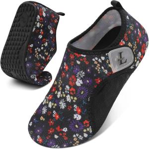 L-RUN Water Shoes for Men Women Quick-Dry Aqua Socks Barefoot Water Sneakers for Beach Swimming Surf Yoga(Black Flowers)