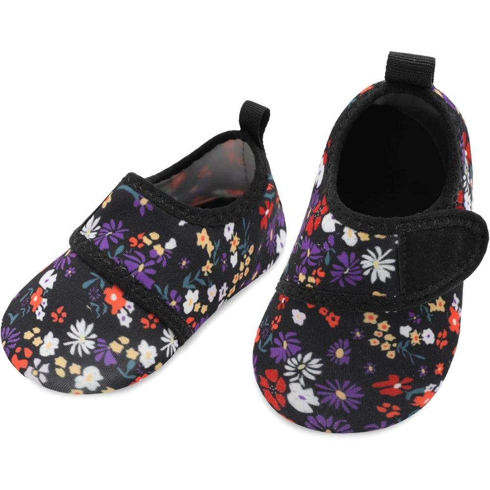 image:imageLRUN Infant Water Shoes Barefoot Skin Aqua Sock Breathable Beach Swim Pool Walking Shoes for Baby First Walker Non SlipBlack Flowers