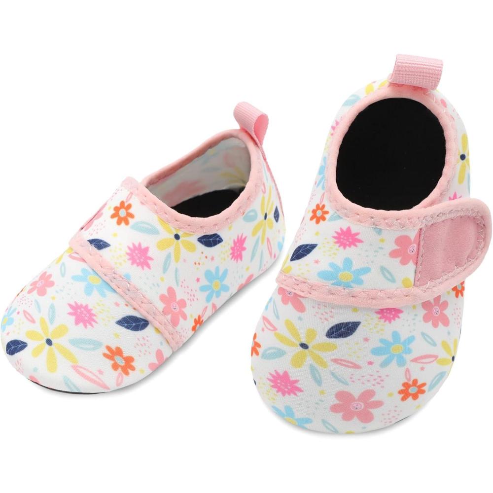 image:imageLRUN Infant Water Shoes Barefoot Skin Aqua Sock Breathable Beach Swim Pool Walking Shoes for Baby First Walker Non SlipWhite Flowers
