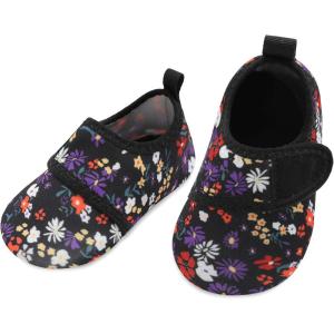L-RUN Infant Water Shoes Barefoot Skin Aqua Sock Breathable Beach Swim Pool Walking Shoes for Baby First Walker Non Slip(Black Flowers)