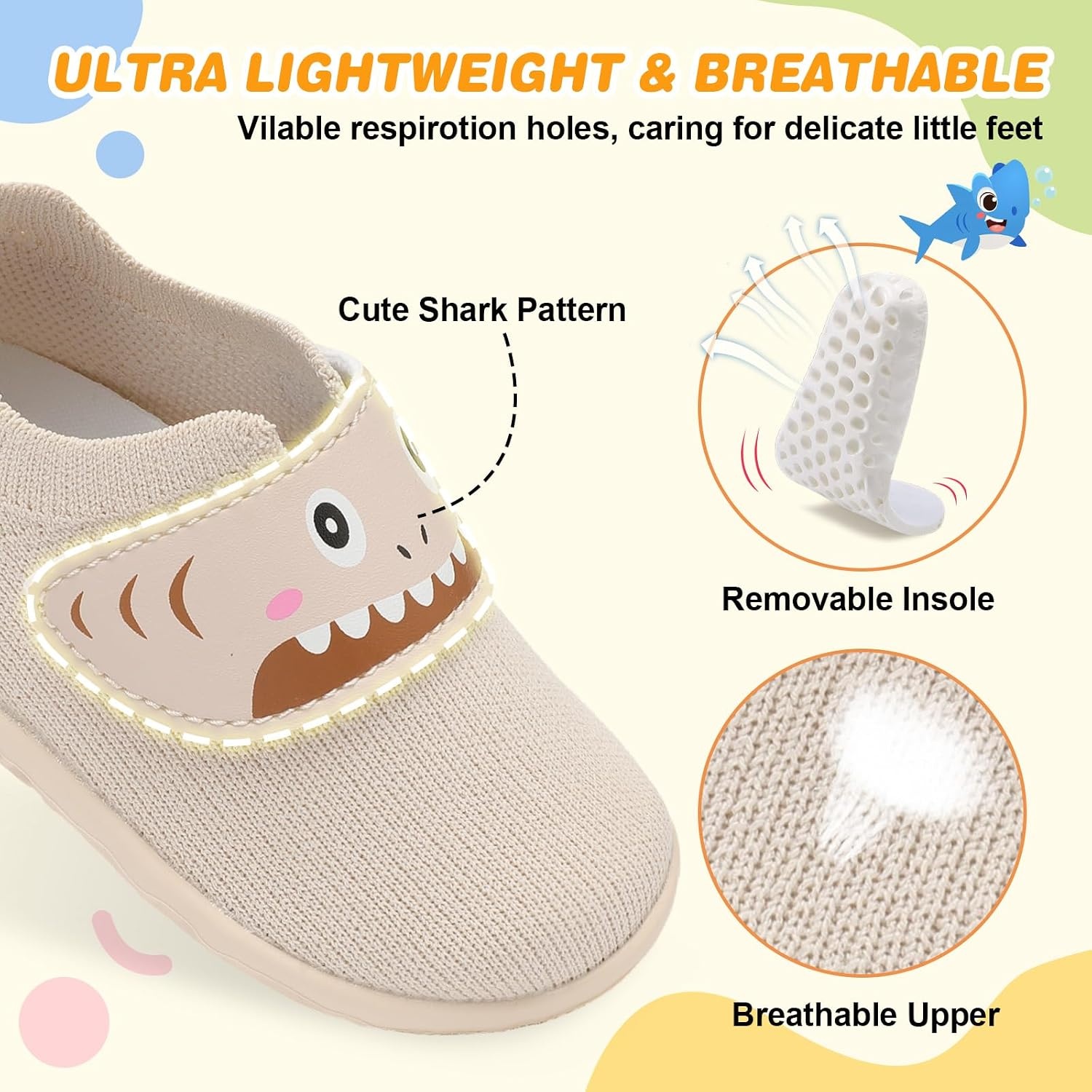 image:imageLRUN Baby Barefoot Walking Shoes Cute Shark Breathable LightweightBeige