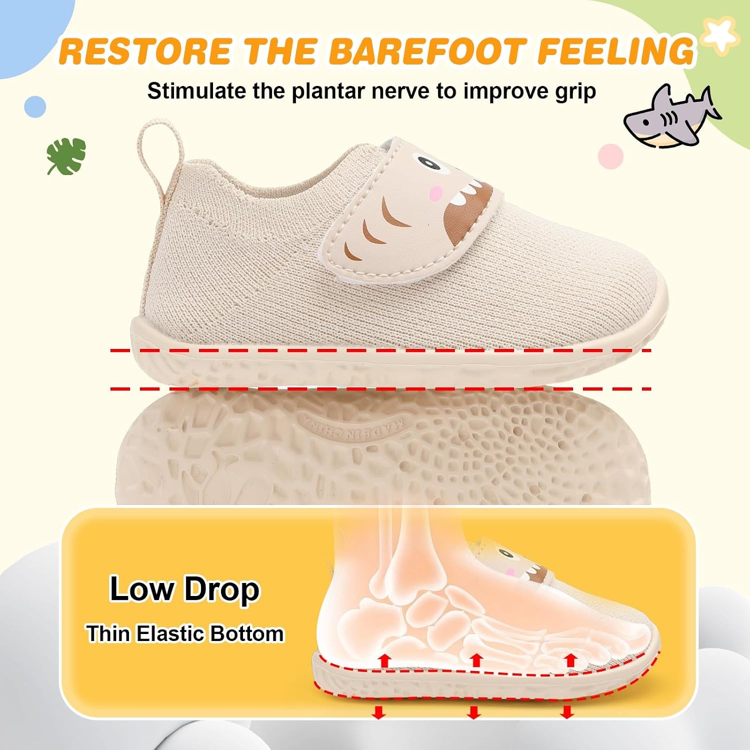 image:imageLRUN Baby Barefoot Walking Shoes Cute Shark Breathable LightweightBeige