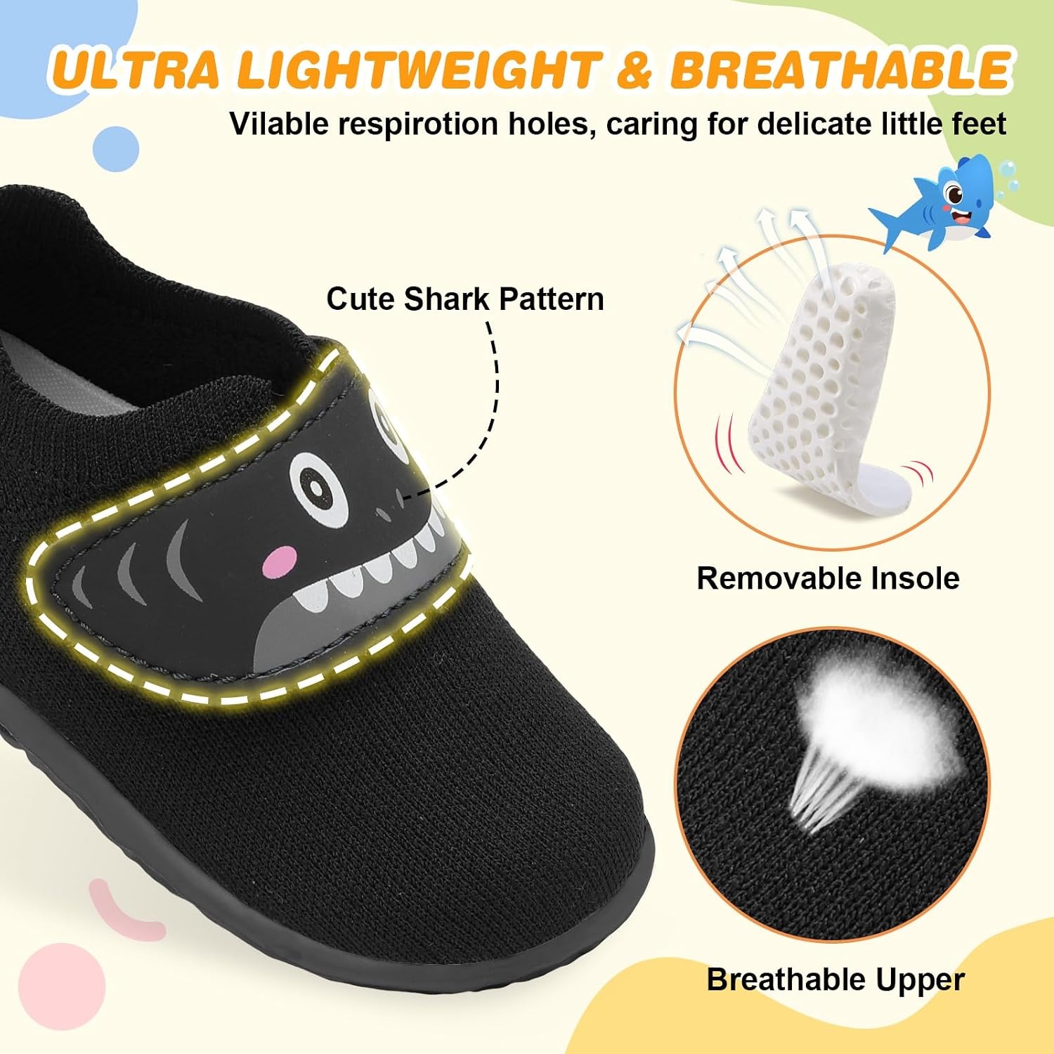 image:imageLRUN Baby Barefoot Walking Shoes Cute Shark Breathable LightweightBlack