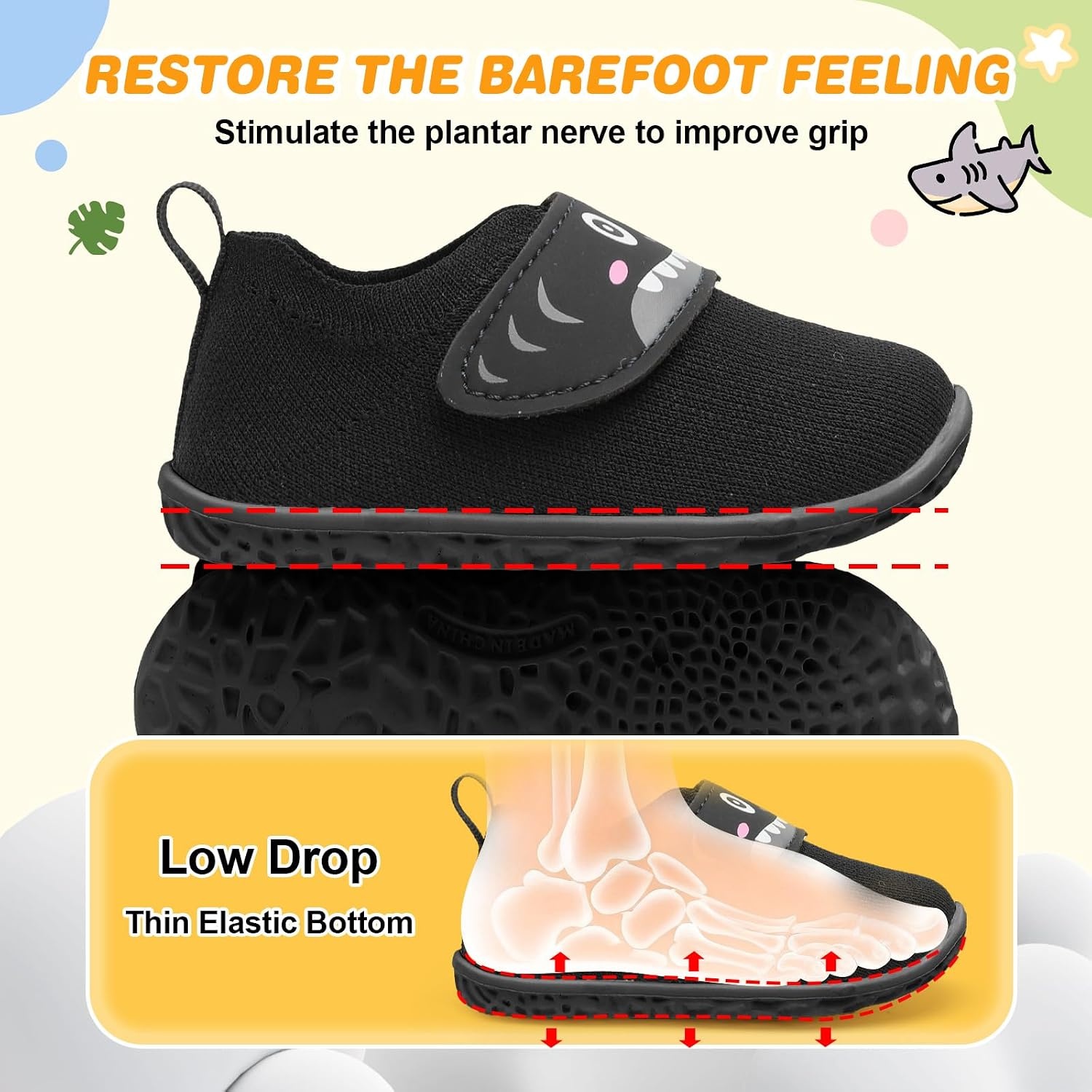 image:imageLRUN Baby Barefoot Walking Shoes Cute Shark Breathable LightweightBlack