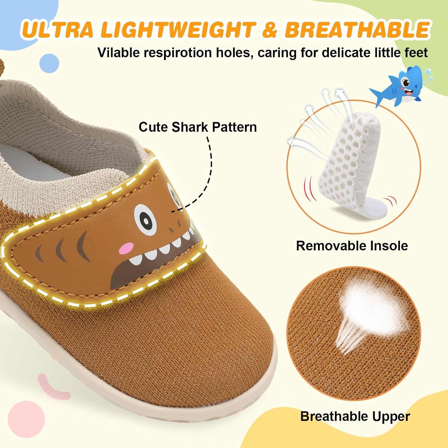 image:imageLRUN Baby Barefoot Walking Shoes Cute Shark Breathable LightweightBrown