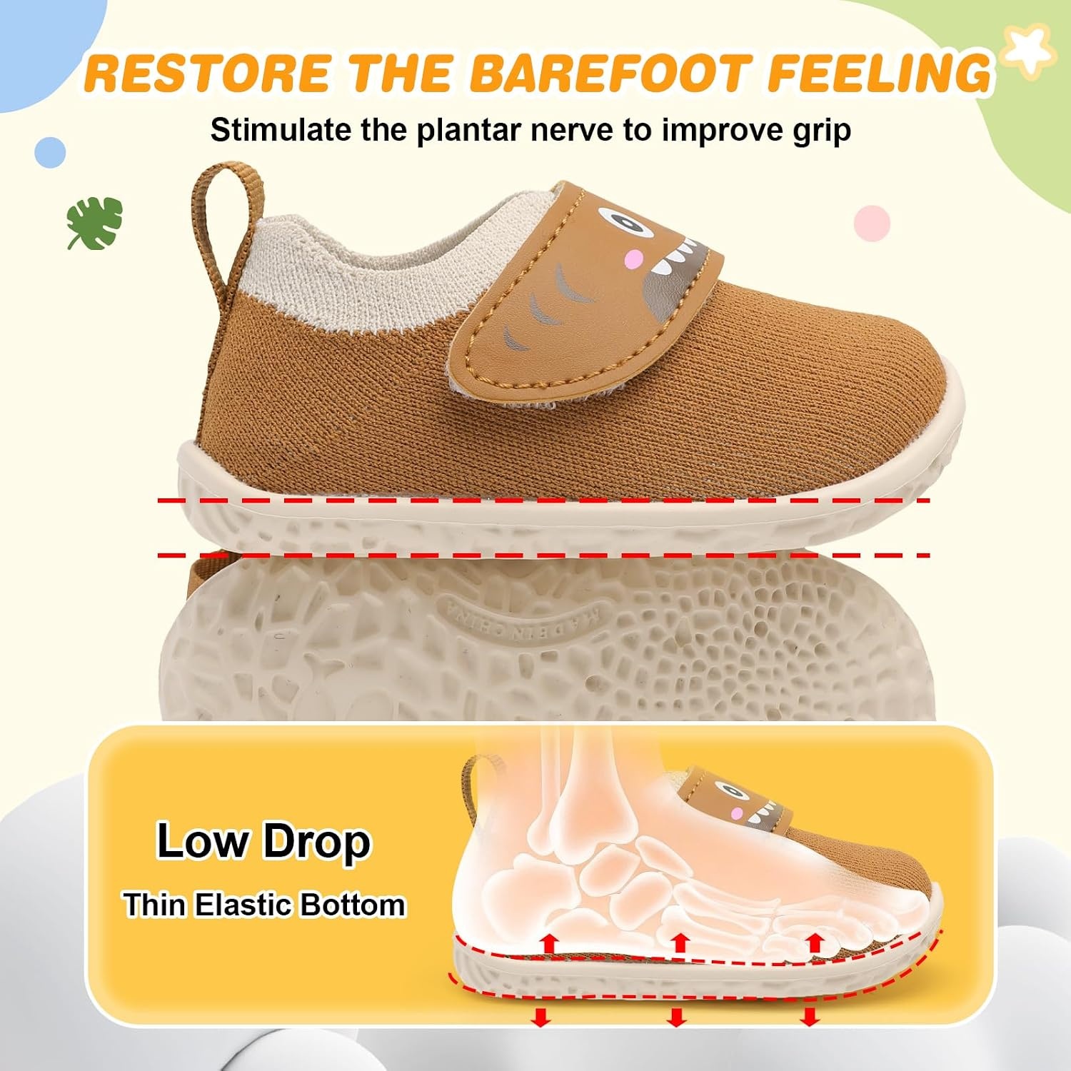 image:imageLRUN Baby Barefoot Walking Shoes Cute Shark Breathable LightweightBrown